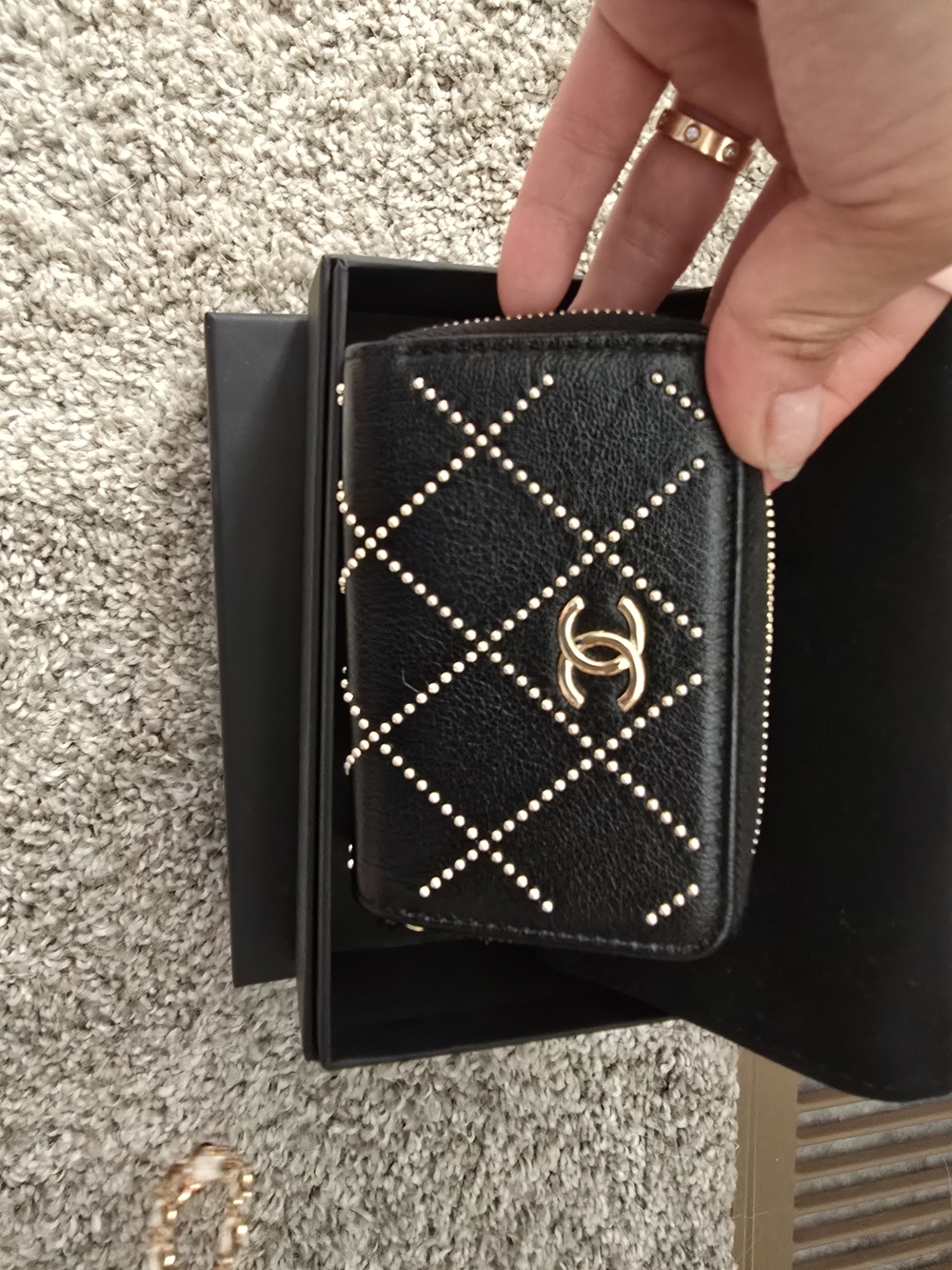 CHANEL Black Quilted Card Wallet with Gold CC Studs